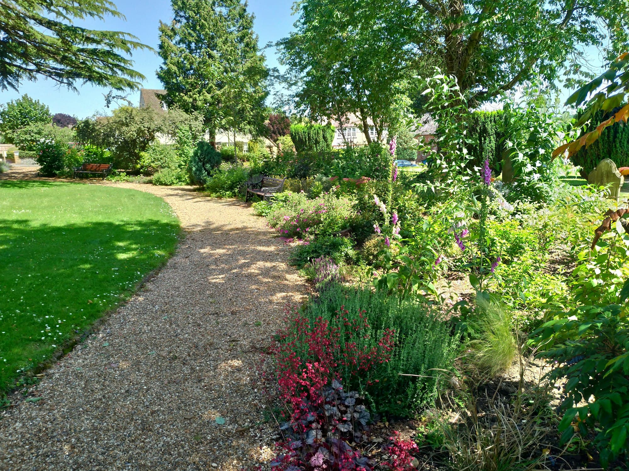 A gravel path curving past a lawn and flowering borders