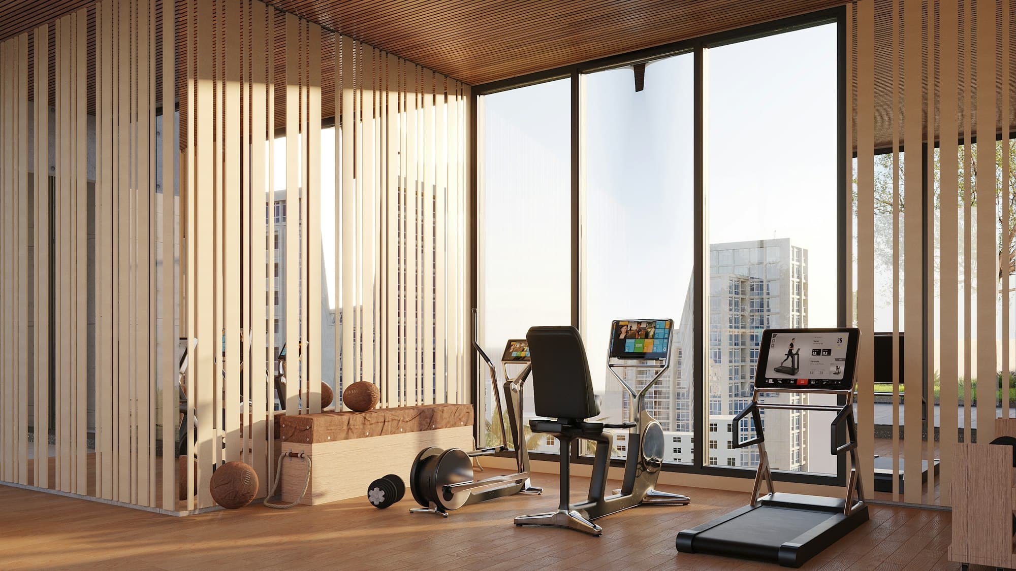 A training space with equipment, timber slats and full-height glazing