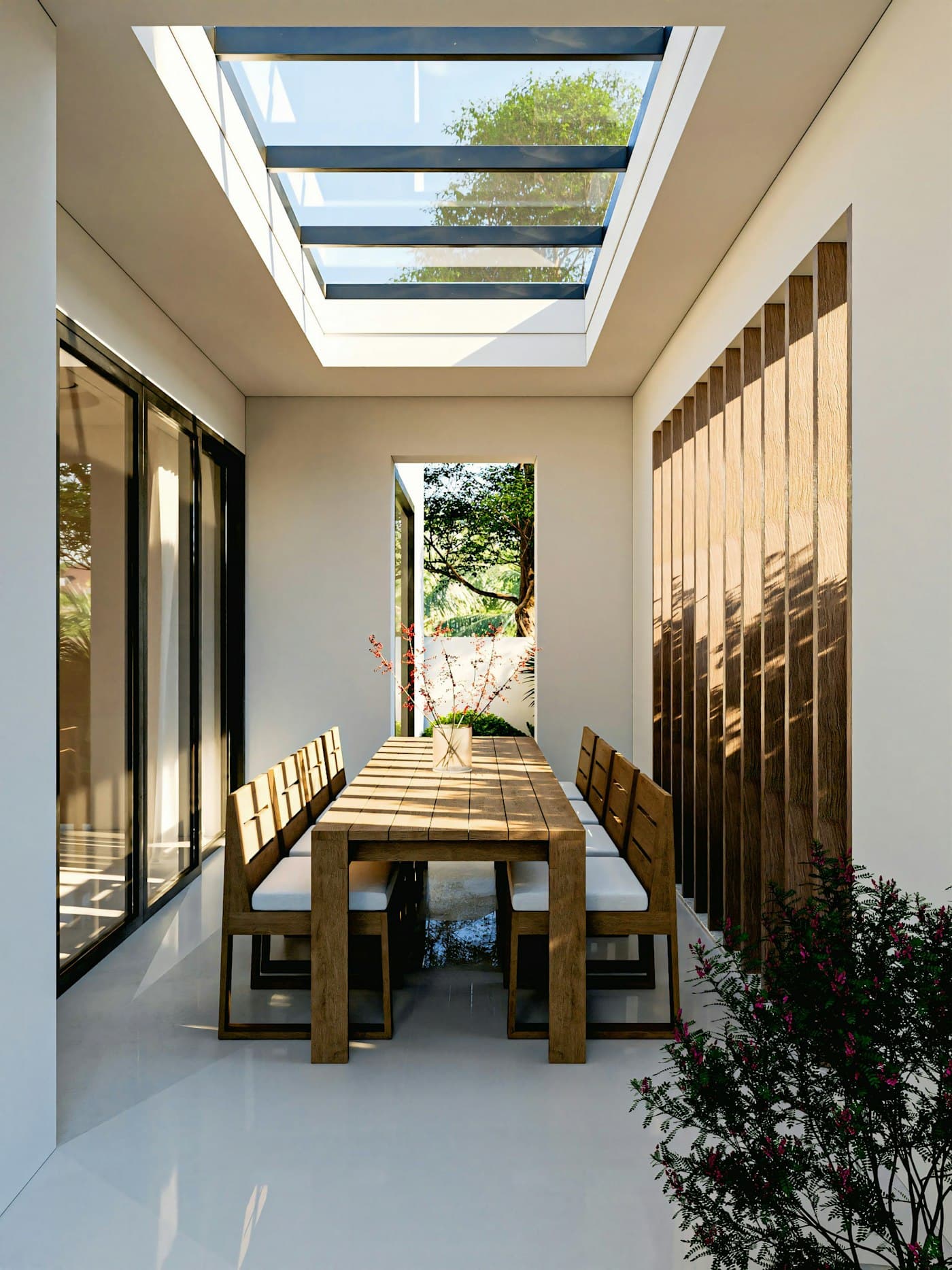 A long dining table beneath a skylight, with glazed doors down one side