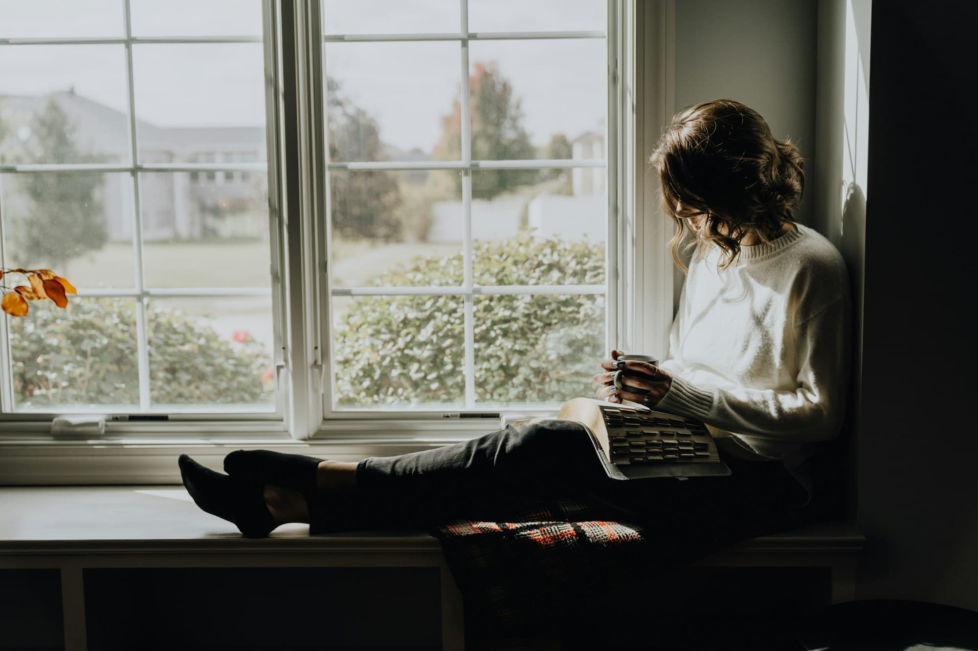 A woman reading on a window seat with trees outside