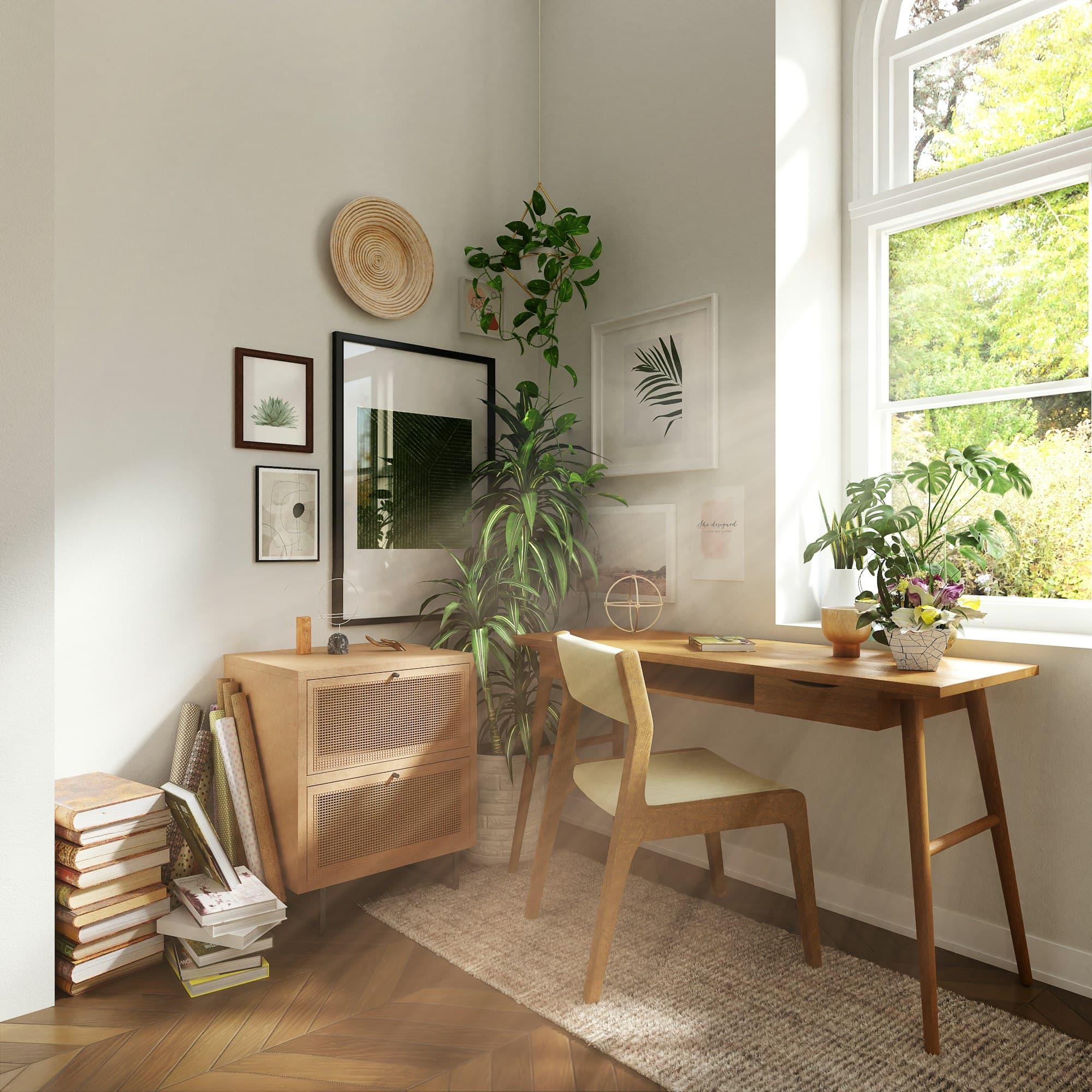 A sunlit desk and chair beside a window, with plants and framed prints